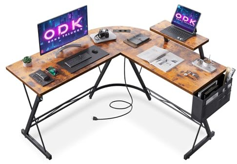 ODK Gaming Tisch mit 2 Steckdosen und 2 USB Ladeanschluss, Gaming Schreibtisch mit runder Ecke und Monitorablage, Computertisch Vintage-Braun 127 x 127cm