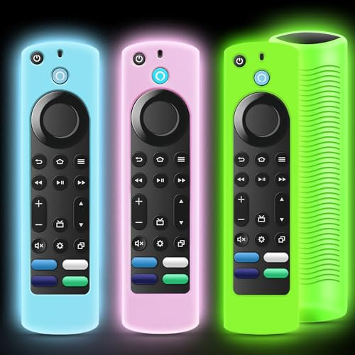 OneBom Silikon-Fernbedienungsabdeckung, leuchtet im Dunkeln, für Firestick 4K-Max (2.)/Insignia/Pioneer/Omni (QLED) Serie, Alexa-Sprachfernbedienung, mit Umhängeband, Grün und Rosa und Blau, 3 Stück