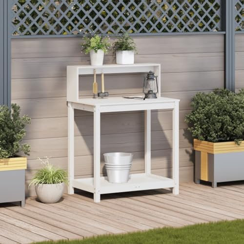 Pflanztisch mit Ablagen Weiß 82,5x50x109,5 cm Massivholz Kiefer, offene Regale viel Stauraum Latten-Design für Garten Terrasse Innenhof