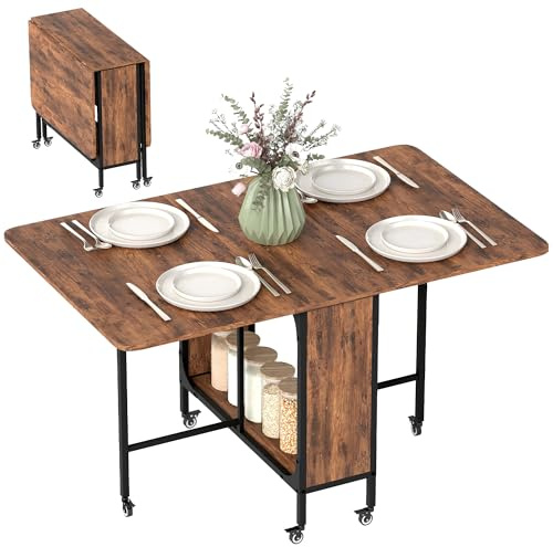 HOMCOM Mobile Drop Leaf Table, Folding Dining Table with 6 Wheels & Storage Shelf for Small Spaces, Kitchen, Dining Room, Rustic Brown