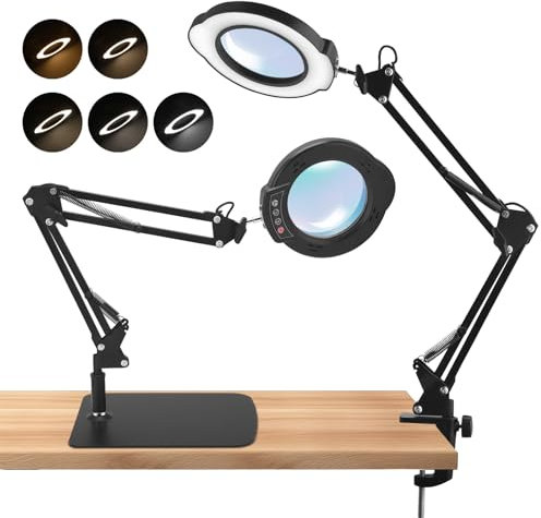 Lampe de Bureau avec Loupe 10X et LED, 2 en 1 Loupe sur Pied avec Base et Pince, 5 Modes de Couleur à Intensité Variable en Continu pour Lecture Loisirs Créatifs Travail