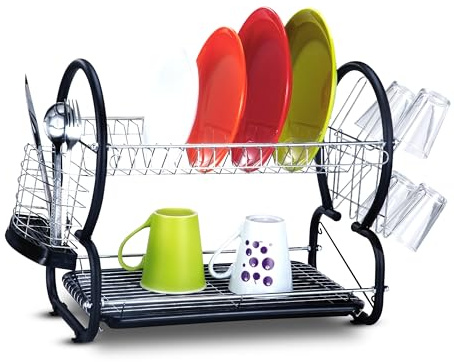 AKH 2-Tier Stainless Steel Dish Drainer Rack with Cutlery Holder, Cup Holder & Drip Tray - Rust-Free Draining board rack, Compact Kitchen Sink Drainer Rack for Plates, Bowls & Utensils (Black)