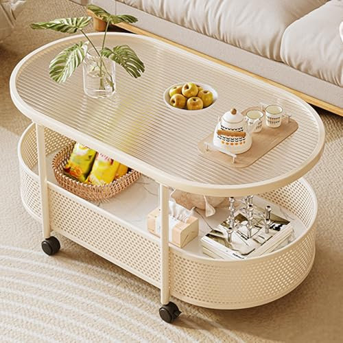 CUXAHO Mobiler Beistelltisch Glastisch Sofatisch Couchtisch Kaffeetisch mit Rollen, Wohnzimmertisch mit Oberfläche aus Glas,Nachttisch Stauraum für Schlafzimmer, Wohnzimmer(Wit,60cm)