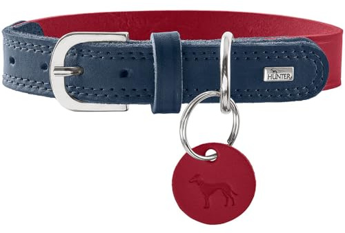 HUNTER Lemvig Hundehalsband | Rindsleder, belastbar & strapazierfähig, angenehm weich, komfortabel, Made in Germany, Farbe: Rot/Dunkelblau, Größe: 60