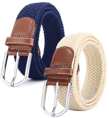 flintronic 2Pcs Elastic Braided Belt, Elastic Stretch Woven Belt with Covered Leather Buckle, Adjustable Fashion Waist Band, Unisex Men Women Casual Waist Band for Jeans, Trousers-Beige & Navy Blue