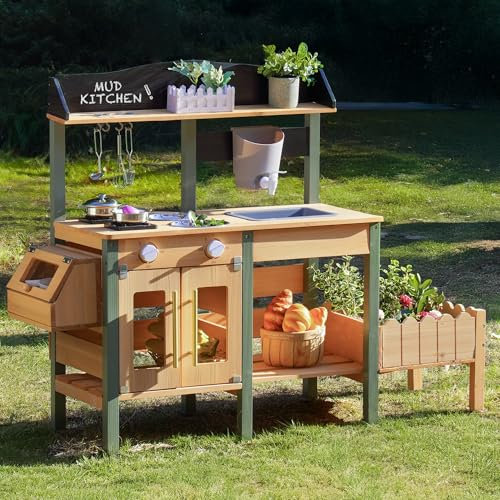 ROBOTIME Mud Kitchen, Grande Cuisine d'Extérieur Deluxe pour Enfants, Jeu de Cuisine en Bois avec bac à Eau, évier de Jardin, bac de Plantation et Accessoires, Jeu de Prétendus pour Garçons Filles 3+
