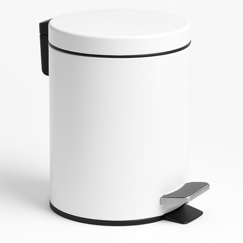 Solty - Papelera de baño pequeña blanca con tapa metálica, cubo de basura 3L compacto y elegante, papelera de diseño moderno para baño, cocina u oficina, medidas 17 x 20 x 24 cm