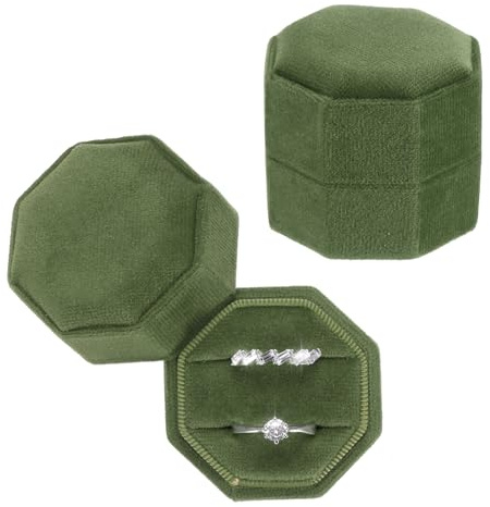 PATIKIL 2 Slots Vintage Velvet Ring Boxes, 2 Pack Octagonal Elegant His and Her Wedding Ring Jewelry Organizer Holders for Engagement Proposal Ceremony Anniversary, Dark Olive Green