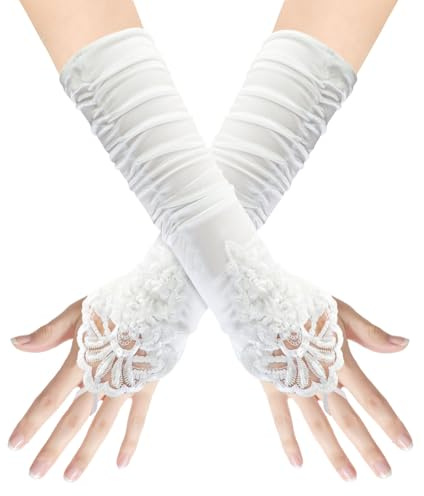 Feelorna Guanti lunghi senza dita, lunghezza al gomito, guanti in raso anni '20, guanti da sera per balli di fine anno, per feste in costume, matrimoni, balli di fine anno, bianco, Etichettalia unica