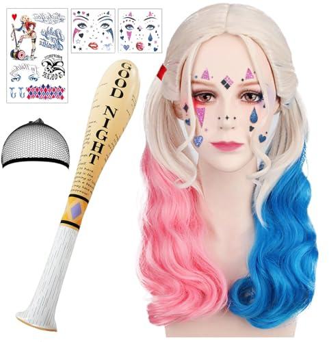 5er Verrückte Clown-Königin Kostümzubehör Set mit Temporären Tattoos für Körper & Gesicht+ Perücke Pink Blau + Aufblasbare Baseballschläger für Karneval, Fasching, Halloween Party für Frauen Mädchen