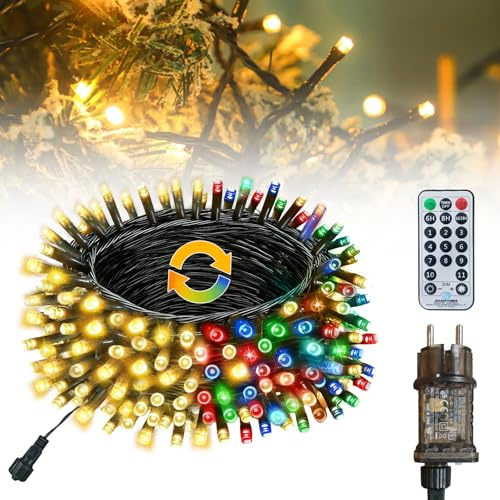 LED Lichterkette Außen, 10M 100LED Warmweiß & Bunt Lichterkette Strom Weihnachtsbaum Außen Innen, 11 Modi|3 Timer|4 Dimmbar|IP65|Merkfunktion, Weihnachtsbeleuchtung Außen für Baum, Balkon, Garten