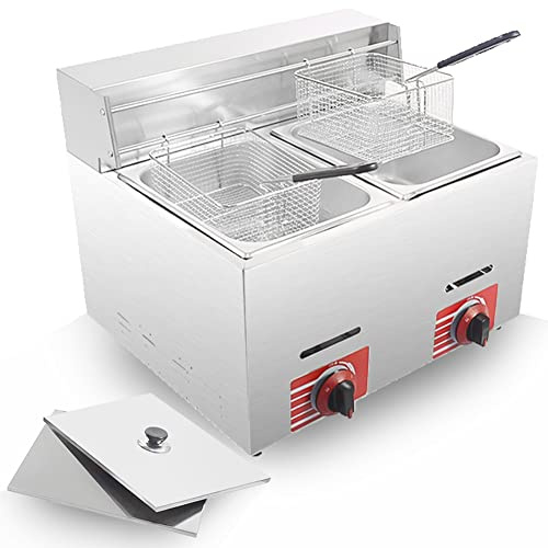 Friteuse commerciale au gaz GPL avec panier et couvercle de 10L*2 Comptoir en acier inoxydable Propane-LPGPROPANE (LPG) avec tube métallique Cuisine à domicile