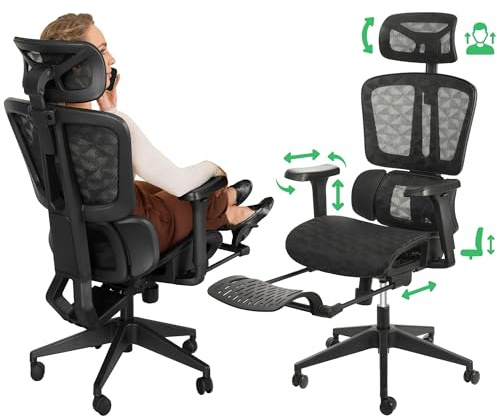 di volio Ergonomischer Bürostuhl Mesh Fußstütze Kopfstütze Romalo | Ergonomisches Netzgewebe, Verstellbare Fußstütze & Kopfstütze, Rückenschonende Lendenstütze, Belastbar bis 150 kg