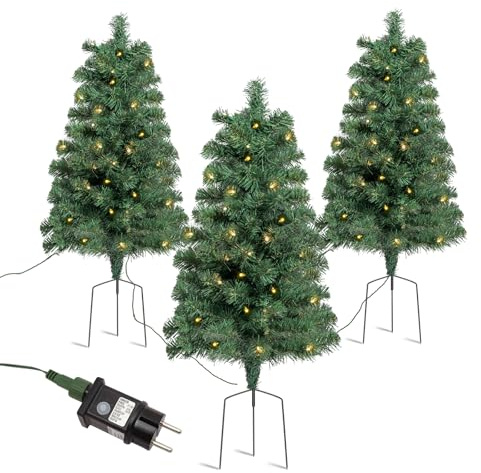 SALCAR 3er-Set Künstlicher Weihnachtsbaum 60 cm mit Beleuchtung – PVC Tannenzweige mit Erdspieß, ideal für Außenbereich und Gartendeko