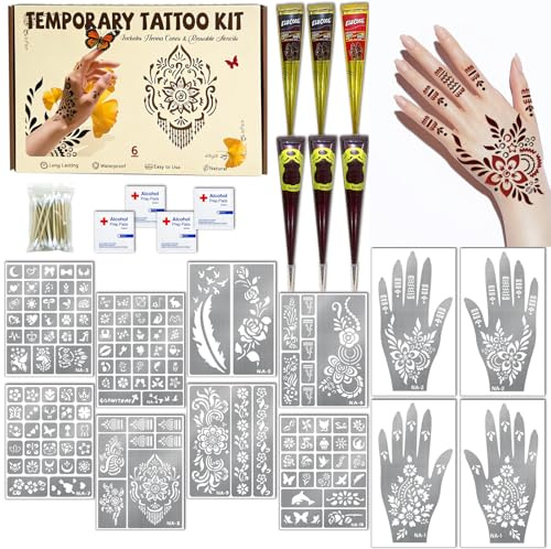 136 PCS Henna Tattoos Stencils Kit, Temporary Tattoos Kit - 6 Pcs Tattoo Cones 3 Color(Brown Black Red) Ink, Tattoo Stencil for Face Body Art Painting for Women Men Adults Festivals DIY Wedding Party