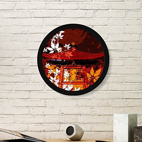 DIYthinker Japan Culture Japanese Style Leaves Pavilion Hand-Decorated Illustration Pattern Round Simple Picture Frame Art Prints Of Paintings Home Wall Decal Small Black