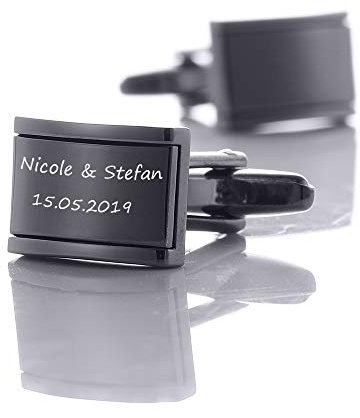 aplusashop ID Manschettenknöpfe Schwarz + Gravur nach Wunsch Edelstahl, Hochzeit, Business mit Box