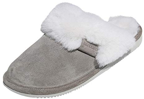 Hollert Damen Lammfell Hausschuhe - Malibu GRAU/WEIß Pantoffeln 100% Merino Schaffell Echtleder Wohlgefühl - warm, atmungsaktiv