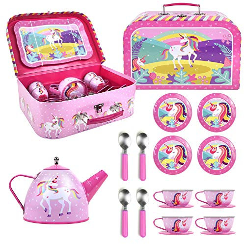 SOKA Unicorn Metal Tin Teapot Set with Carry Case Toy for Kids - 18 Pcs Illustrated Colourful Design Toy Tea Party Set for Boys and Girls Pretend Role Play