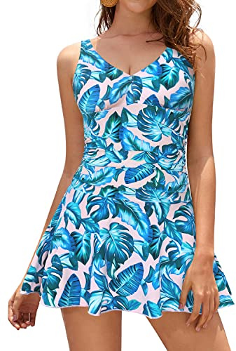 SHEKINI Femme Rétro rembourré Maillot de Bain Une Pièce Robe Ruched Bikini Robe de Plage Abdominal Contrôle Amincissante Sport Jupette Beachwear Eté Mode (Feuille d'arbre - Florale Imprimé, XL)