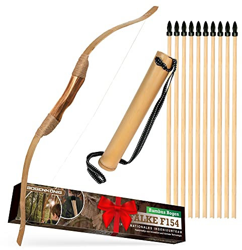Bogenkönig Abenteuerfreude Holz Pfeil und Bogen Kinder ab 6 - Robuste Qualität für Langlebigkeit - 1er Set inkl. 10 Pfeile und 1 Köcher - Perfekt für Anfänger - Bogenschießen Kinder - Kinderbogen Set