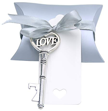 50 Stück Herz Form Vintage Schlüssel Flaschenöffner Hochzeit-Silber | Skelett Schlüssel Flaschenöffner Set mit Kissenboxen und Etikett als Gastgeschenk für Hochzeit, Party und Souvenir