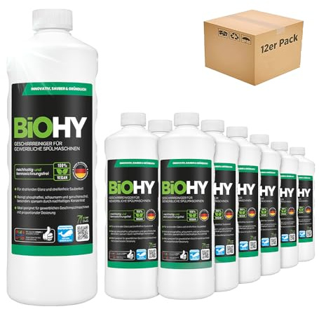 BiOHY Detergente para lavavajillas comercial (12 botellas de 1 litro) | Fórmula para disolver el las grasas | Apto para gastronomía, industria y hogares (Geschirrreiniger)