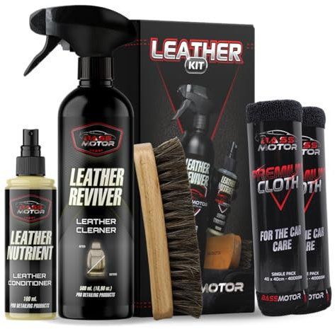 BassMotor - KIT Limpiador Cuero, Piel y Alcantara Coche Limpia, Desengrasa y Nutre Asientos y Tapicerias - Kit Leather Reviver 500ml + Leather Nutrient 100 ml + Cepillo Profesional + 2 Bayetas 400GSM