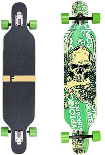 FunTomia - Skateboard di tipo longboard, completo con cuscinetti a sfera Mach1 High Speed, chiave a T, con e senza ruote a LED, 2759 - 0321, Flex 1, da 25 a 122 kg, legno d'acero, colore verde teschio