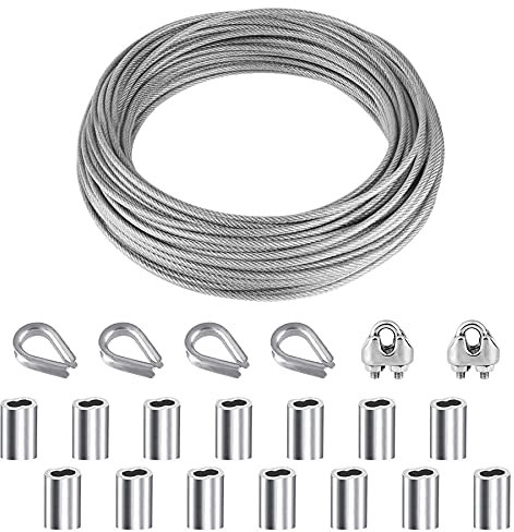 YSDMY Drahtseil Edelstahl 10M Stahlseil Gartendraht 2mm PVC-Ummantelt | Drahtseilklemme M2 Seilklemme | Drahtseil Kauschen 2 mm | Aluminiumhülsen Alu Klemme 2mm