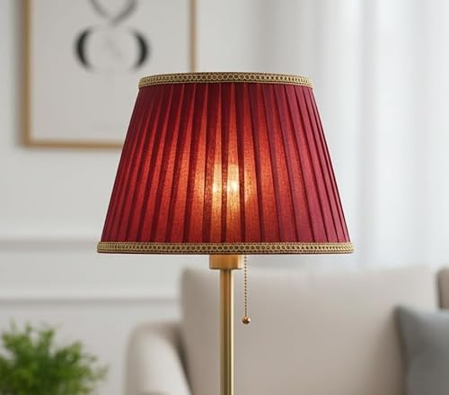 Plissee-Lampenschirm aus Organza, rot-bordeauxrot, für Lampen und Lampen, mit goldfarbenem Kordel, komplett handgefertigt, D35 cm