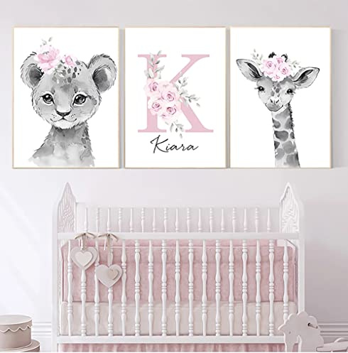 Youihom 3 Wandposter Personalisiert Baby Bilder mit Namen Kinderzimmer 30x40 Poster Babyzimmer Safari Giraffe Löwe Wandbilder Mädchen Blumen Grau Rosa Wandbild Leinwand ohne Rahmen