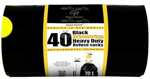 Haya Home 70L litre 40 Drawstring Bin Bags Heavy Duty Swing Bin Liners Black Plastic Refuse Sacks tie top handle large Waste Dustbin Bags for Kitchen Home Office DIY Garden 100% Recycled Material