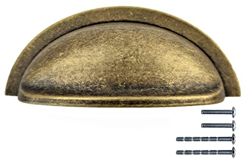 Set of 6 Cup Handles for Kitchen Cabinets & Drawers | Vintage Shell Design in Deep Antique Brass | 76mm Between Fixings | Chrome, Pewter, Satin Nickel Finishes Available (Deep Antique Brass)