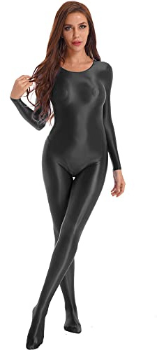 iEFiEL Damen Öl Body Sportbody Langarm Ganzkörper Yoga Bodysuit Tanz Leotard Ballettanzug Gymnastikanzug Schwarz XL