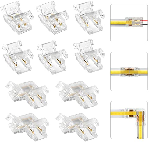 Aroidful 2 Pin Mini COB LED Verbindungsset 8mm ohne dunkle Zonen | lötfrei werkzeuglos wiederverwendbar Mini Stecker für 0 bis 36V einfarbige COB Streifen mit Winkelanschlüssen