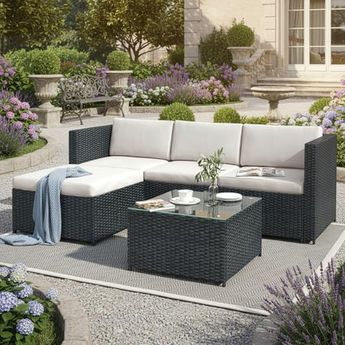 LTGB 3-Piece Rattan Garden Furniture Set, Corner Sofa Rattan Furniture Patio, Entertaining Lounge Set, for Outdoor Backyard Garden (Black)