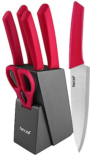 hecef 7-teiliges Küchenmesser Set aus Edelstahl, scharfe Klingen & ergonomischer Griff, Messerset mit Messerblock & Schere, Kochmesser, Santoku, Brotmesser, Allzweckmesser, Schälmesser, Rot
