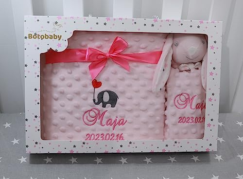 BotoBaby ★ GESCHENKSET Babydecke mit Namen und Datum Bestickt + Schmusetuch ★ Geschenk ★Geburt ★ Taufe ★ (Set 2)