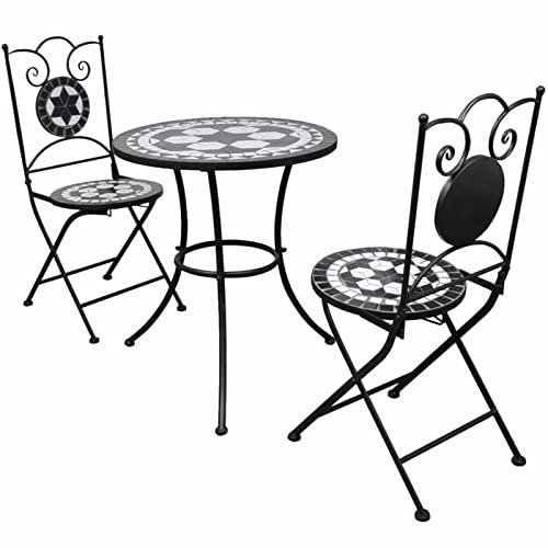 BULANED 3-TLG. Bistro-Set, Bistrotisch Mit 2 Stühlen, Gartenset Tisch Und Stühle, Balkontisch Klein, Bistroset, Keramikfliese Schwarz/Weiß