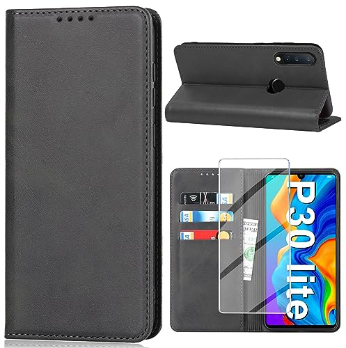 Handyhülle für Huawei P30 Lite Hülle mit Schutzfolie, Schutzhülle P30 Lite 5G PU Leder Wallet Kartenfach Ständer Klapphülle Lederhüllen Case für Huawei P30 Lite 4G Tache Cover (Schwarz)
