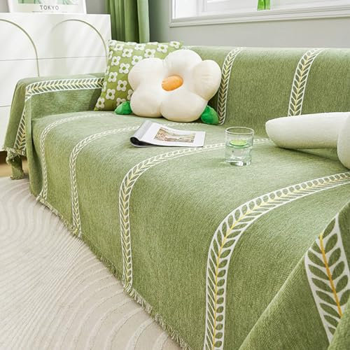Gualiy Bezug Sofa 130x180cm, Blatt Ranken mit Fransen Couchbezug 1 Sitzer Sofaüberwurf Kratzfest Grün Couchbezug für Wohnlandschaft
