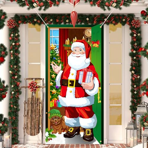 Decoración de Cubierta de Puerta Navidad – Cubierta Puerta Navidad con Diseño de Papá Noel, Bandera Grande para Foto, Decoración Exterior e Interior, Ideal para decoracion puerta navidad Festiva