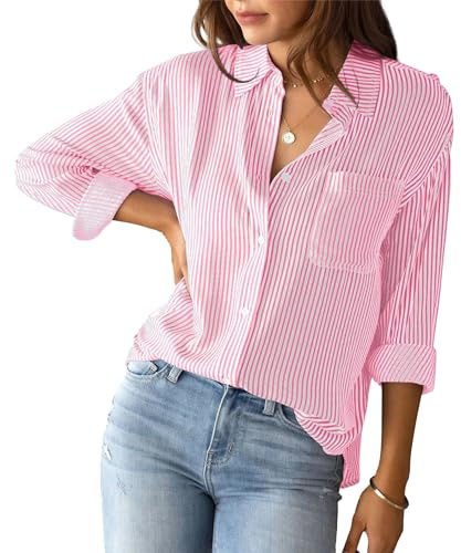 Happy Cherry Damen Bluse Langarm Elegant Streifenbluse Lässiges Hemdbluse Büro Arbeit Blusen V-Ausschnitt Hemd Gestreifte Oberteile Damenblusen M