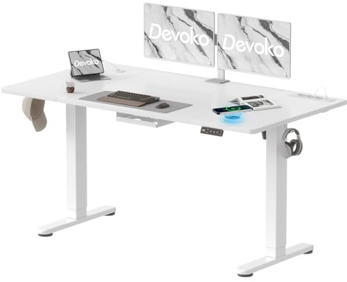 Devoko Höhenverstellbarer Schreibtisch 160x80 cm mit Steckdose & USB, Weiß | Elektrisch Verstellbarer Computertisch mit Kabelloser Ladung & Memory-Funktion & Kabellmanagement – Ideal für Gaming & Büro