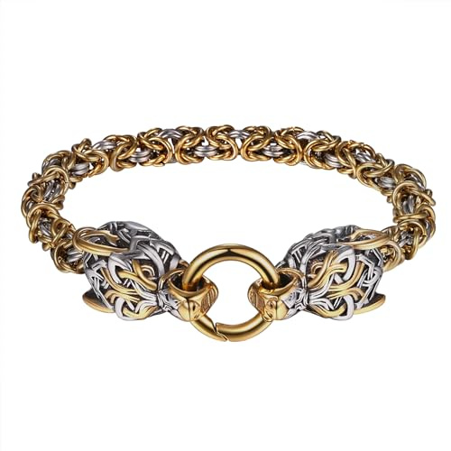 Flongo Herren Armband, Groß Edelstahl Armband Armreif Cuban Curb Gliederkette Francokette Armkette Wolf Kopf Fahrradkette Motorradkette Silber Gold Biker Männer Accessoires Herrenschmuck