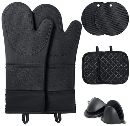 Silicone Oven Gloves Heat Resistant - Funnydin Black Silicone Oven Mitts Heat Resistant - Premium Non-Slip Design Kitchen Gloves, Include Cooking Potholder and Air Fryer Oven Gloves