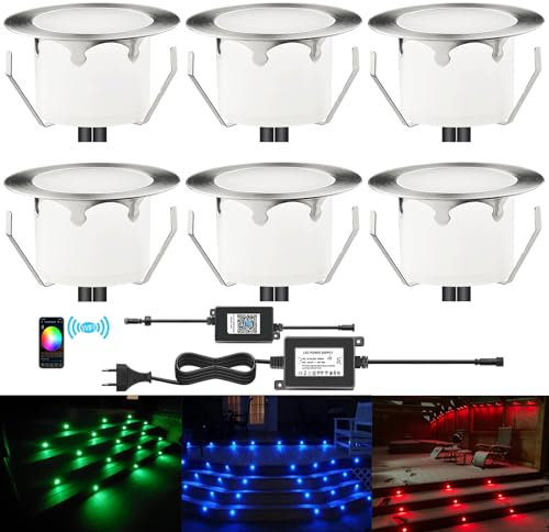 DarisingSun 6er LED Bodeneinbaustrahler RGB,Ø45mm WiFi Terrassen Einbaustrahler Kompatibel mit Alexa,Google Home,IP67 Wasserdicht App Steuerbar LED Außen Boden Licht für Garten Küche Treppen Balkon
