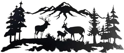 Wandskulptur aus Metall, Wald, Hirsch, Wandkunst, Natur, Wand-Silhouette, Wanddekoration für Innen- und Außenbereich, Wandfigur, Baumdekoration (Größe: 60 cm)