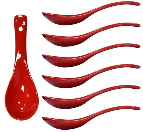 Albedel Lot de 6 cuillères à soupe en porcelaine rouge à fond rond - Cuillères à riz asiatiques chinoises pour la maison, la cuisine, le restaurant